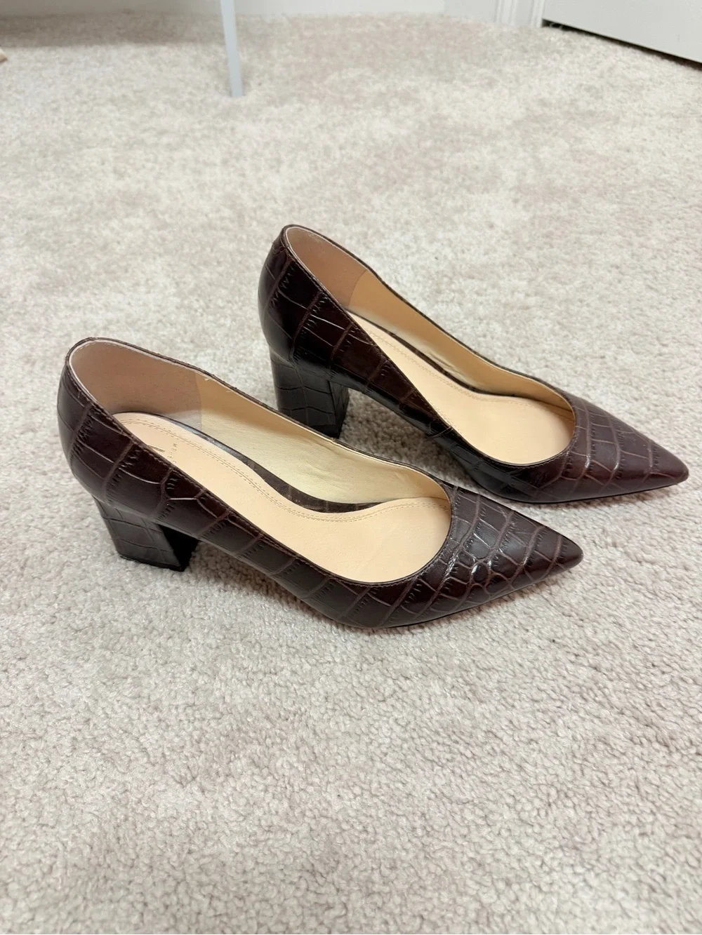 Marc Fisher Croc-Embossed Pointed Toe Pumps in Dark Brown